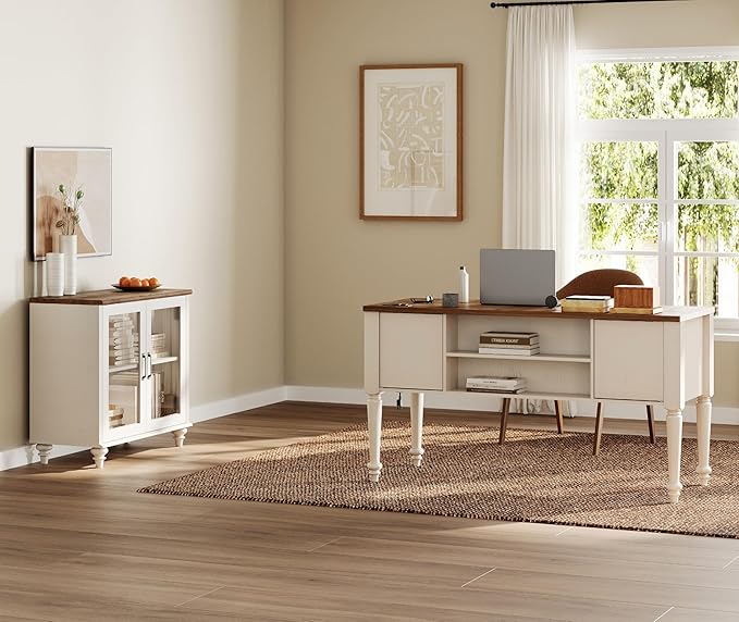 WAMPAT Home Office Furniture Set, 56" Executive Desk with Charging Station, Farmhouse Cabinet with Glass Doors, Wood Computer Desk with File Cabinet Storage, Open Shelf, White