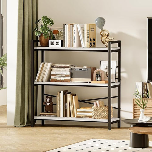 Book Shelf, 3 Tier Bookshelf 31.49" Width, Book Shelf Storage and Organization, Wooden and Metal Industrial Bookcase, Large Book Shelves for Home Living Room Bedroom Office Storage(White)
