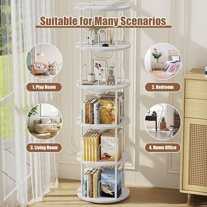 ALLSTAND 5 Tier Rotating Bookshelf, 360 ° Display Stackable Spinning Bookshelf Tower, Corner Bookshelf Tall Floor Standing Swivel Bookcase Narrow Storage Organizer for Bedroom, Living Room, White