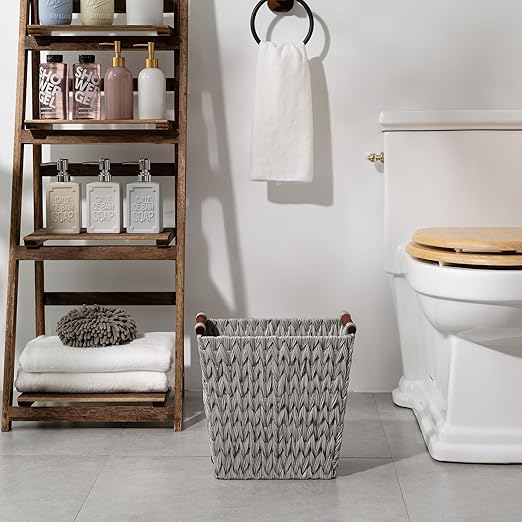 GRANNY SAYS Woven Wicker Desk Wastebasket with Wood Handles – Gray (1-Pack)