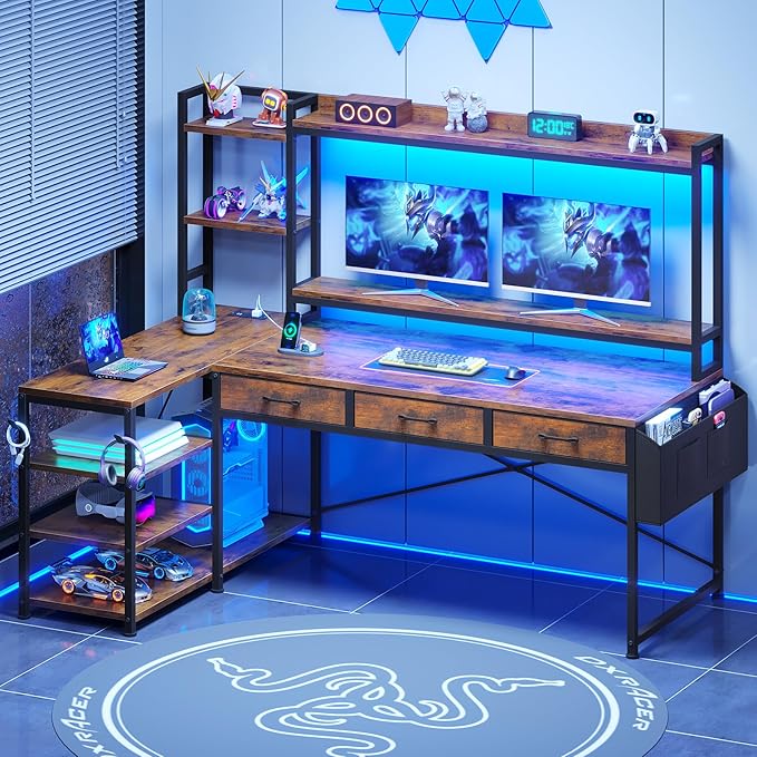 SEDETA 55" L Shaped Desk with Hutch, Corner Computer Desk with Drawers & Shelves, Reversible L Shaped Gaming Desk with Power Strip & LED Lights, Monitor Stand, Headphone Hook, Rustic Brown