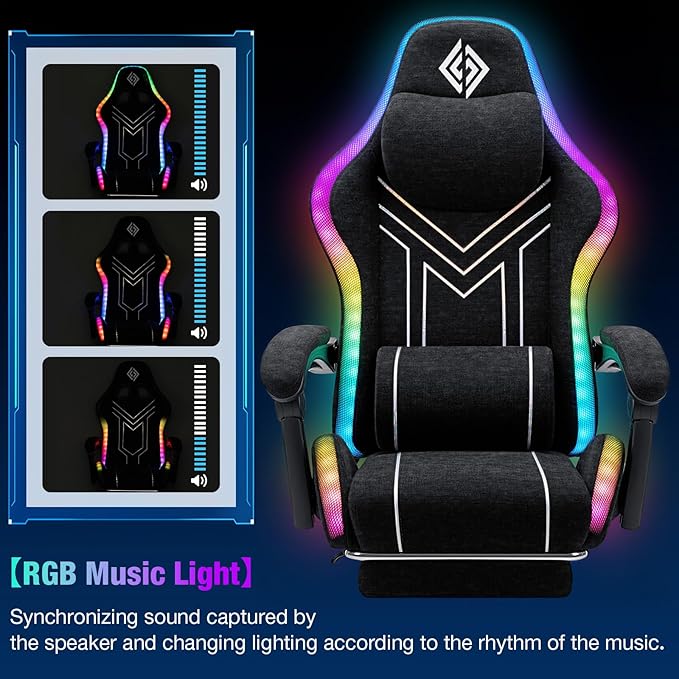 HOFFREE RGB Gaming Chair with Music Rhythm LED Lights and Bluetooth Speakers Fabric Ergonomic Game Chair 155° Reclining Computer Chair with Footrest Video Game Chairs for Adults Gaming & Office Black