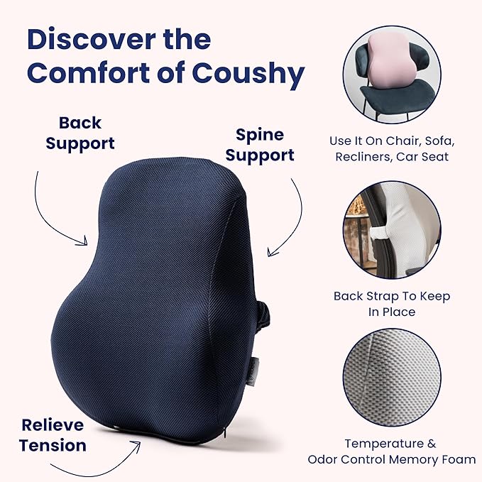 Coushy| Ergonomic Back Relief Cushion| Office Desk Accessories: Chair Cushions, Car Seat Cushion, Office Chair Cushion for Lumbar-Supporting, Support Pillow for Back Pain (Blue)