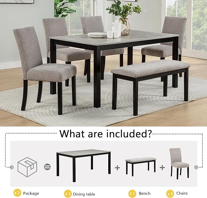 6-Piece Dining Table Set with Bench Solid Wood Kitchen Table with Concrete-Effect Tabletop and 4 Upholstered Chairs Comfortable Seating for Kitchen Restaurant Grey and Black