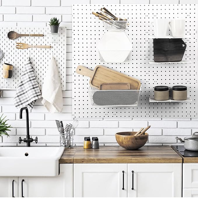 Sieral 6 Pieces Pegboard Baskets Wall Mount Wire Peg Board Baskets 3 Sizes Pegboard Accessories Slatwall Bins Basket Home Garage Hanging Organizer for Tools and Craft(White)