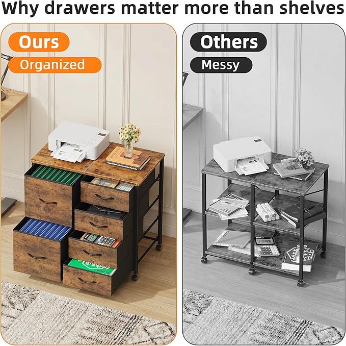 HIGDBFE 6 Drawer Mobile Lateral File Cabinet, Rolling Printer Stand, Under Desk Filing Cabinet Fits A4 Files, Home Office Storage Fabric Cabinet, 2X Space, Rustic Brown, 23''