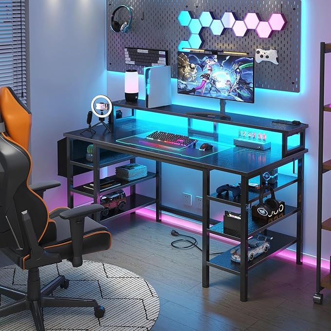 Lufeiya Gaming Desk with LED Lights and Storage Shelves, 47 inch Computer Desk with Power Outlets, Home Office Desk with Monitor Stand, Writing Table PC Desks, Black