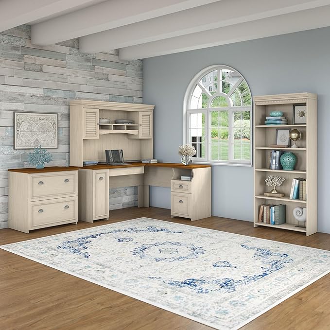 Bush Home Fairview 60W L Shaped Desk with Hutch, Lateral File Cabinet and 5 Shelf Bookcase in Antique White and Tea Maple
