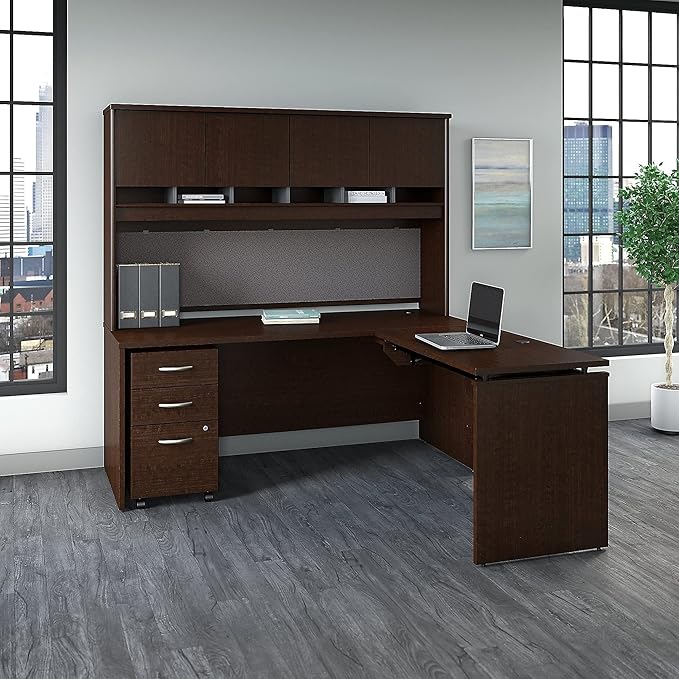 Bush Business Furniture Series C 72W x 30D 3 Position Sit to Stand L Shaped Desk with Hutch and Mobile File Cabinet in Mocha Cherry