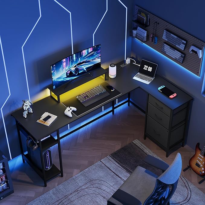 DEVAISE L Shaped Desk with Drawers, L Shaped Gaming Desk with Power Outlets, LED Lights, Monitor Stand, Computer Table, Large Corner Desk for Home Office (Black, 66 Inch)