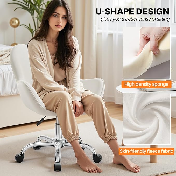 Vanity Chair with Wheels, Cute Home Office Desk Chairs Adjustable Height for Living Bedroom, Small Modern Fluffy Velvet Makeup Chair with Back for Girls (White)