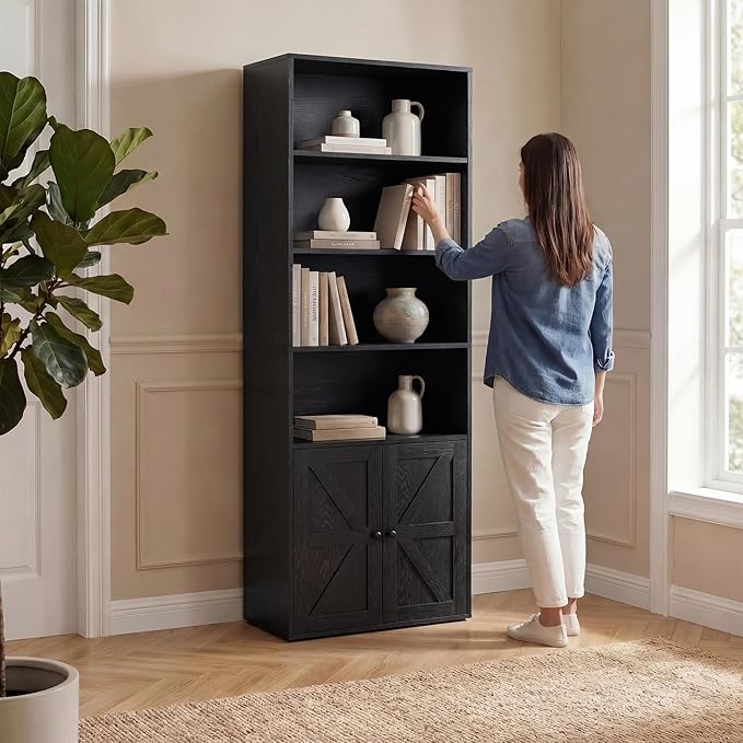 YESHOMY Farmhouse Bookshelf and Bookcase with Doors, Industrial Bookshelves and Bookcases Floor Standing Display 6-Tier Shelf Storage Shelves 71.5 inchs for Home Office, Living Room, Black, 1 PCS