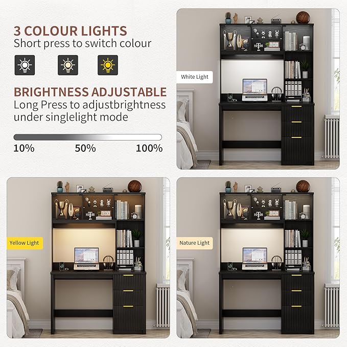 Lvifur LED Study Desk - with Hutch & Storage Cabinet, 47" Computer Desks with Outlet and 3 Color LED, Writing Desk, Home Office Desk for Studyroom, Ideal for Office Set, Black