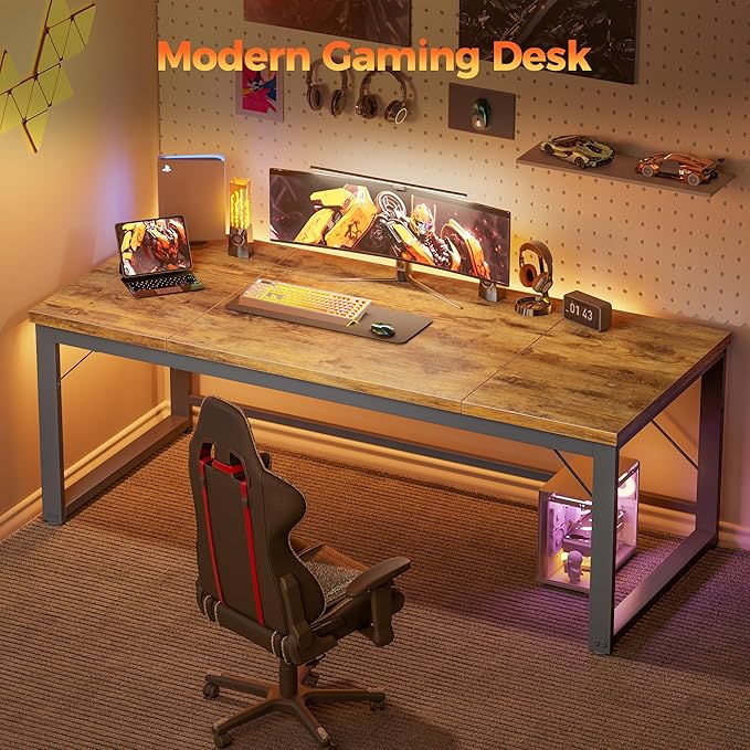 Mericonia 63 Inch Large Computer Desk, 1" Thick Heavy Duty Industrial Office Desk, Modern Simple Study Writing Table for Home Office Bedroom Workstation, Brown