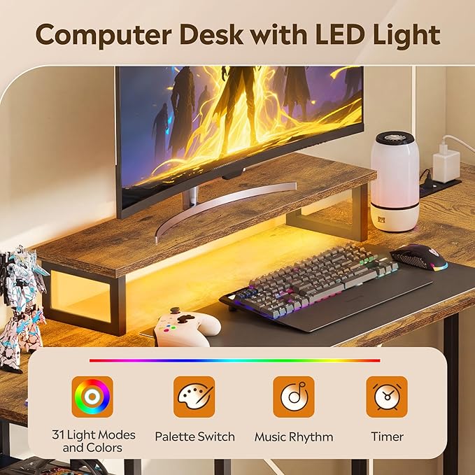 DEVAISE L Shaped Gaming Desk with Drawers and Storage, L Shaped Desk with LED Lights, Power Outlets, PC Desk with Monitor Stand, Corner Desk for Home Office (Rustic Brown, 60 Inch)