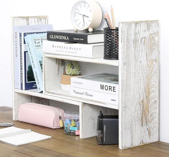 MyGift Adjustable Whitewashed Solid Wood Desktop Storage Organizer Display Shelf Book Rack, Office Desk Bookshelf