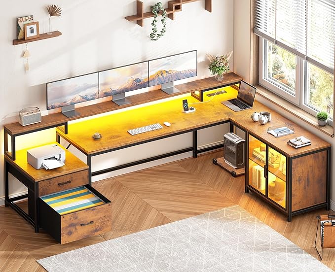 SEDETA 78.7” Large L Shaped Desk with Storage Drawers, Office Desk with File Drawer and Display Cabinet, L Shaped Gaming Desk with Storage, Power Outlet and LED Lights for Home Office, Rustic Brown