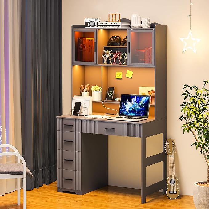 WOOVIVS LED Desk with Outlet Charging Station, Home Office Desk with LED Auto Lights, Computer Desk with Hutch and Drawer for Small Space, Workstation Writing Desk for Bedroom,Adjustable (Grey)