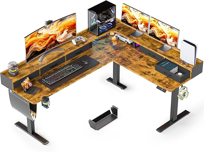 WALKINGDESK 75 Inches Height Adjustable L Shaped Standing Desk with 5 Drawers and Monitor Shelf, Electric Sit to Stand Home Office Comupter Table, Ergonomic Corner Gaming Desk, Rustic Brown