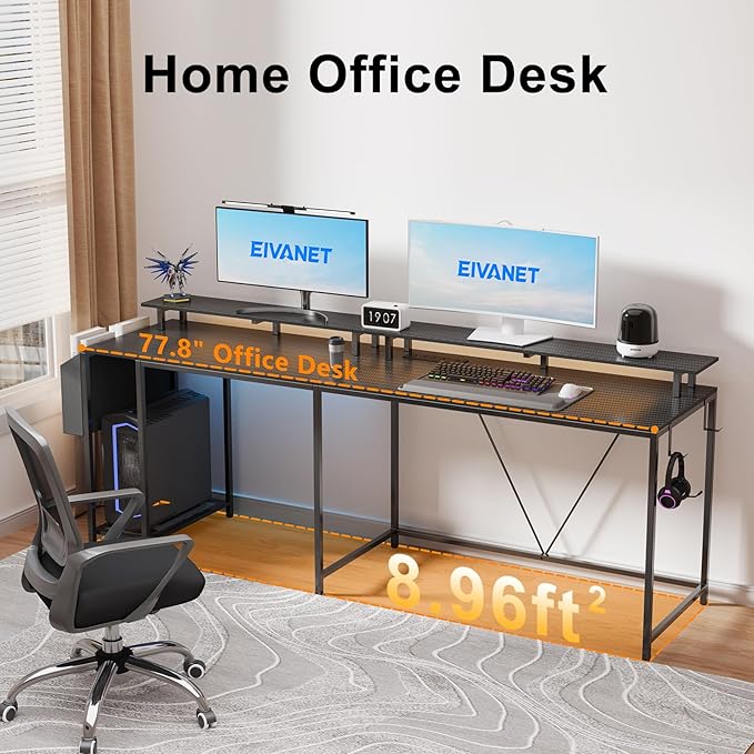 Eivanet L Shaped Gaming Desk with Power Outlets & LED Lights, 53 inch Corner Computer Desk with Monitor Stand and Storage Bag, Home Office Desk Table for Bedroom, Dual Workstation, Carbon Fiber Black