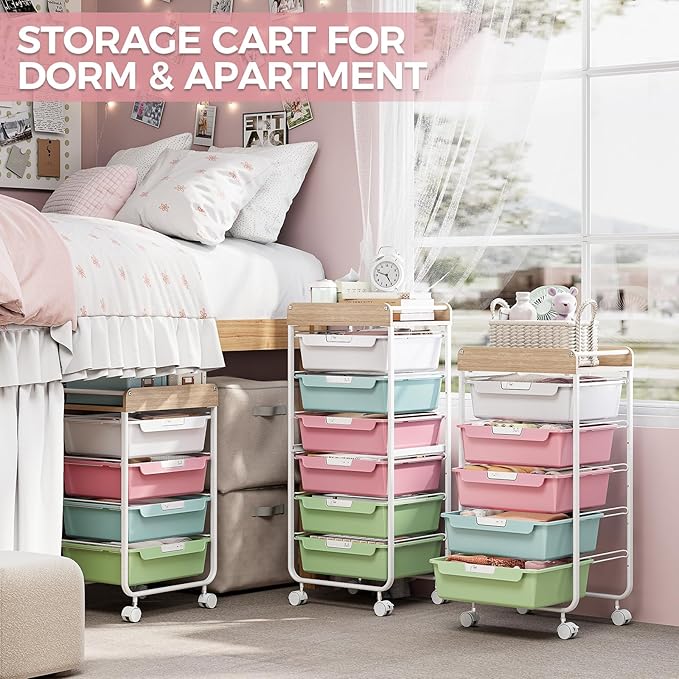 SYKIARIOL Rolling Storage Utility Cart with 6 Drawers,Art Supply Craft Organizer,Sewing Makeup Organizer and Storage,Office Organization Wooden Tabletop,Dark Pink Blue