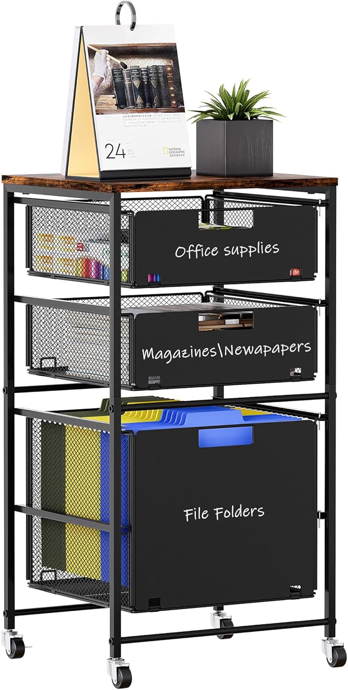 3-Drawer Storage Organizer, Under Desk Rolling File Cart with Lockable Wheels, Hanging File Folder Organizer for Letter Size, Utility Craft Cart Filing Cabinet for Home Office,Black