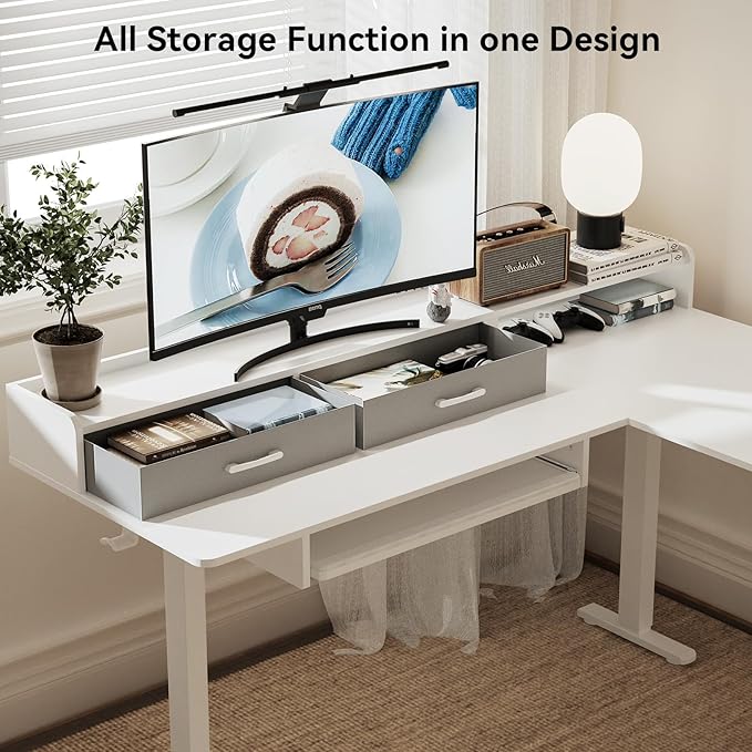 WALKINGDESK 63 Inches Height Adjustable L Shaped Standing Desk with 2 Drawers and Keyboard Tray, Electric Sit to Stand Home Office Comupter Table, Ergonomic Corner Gaming Desk, White