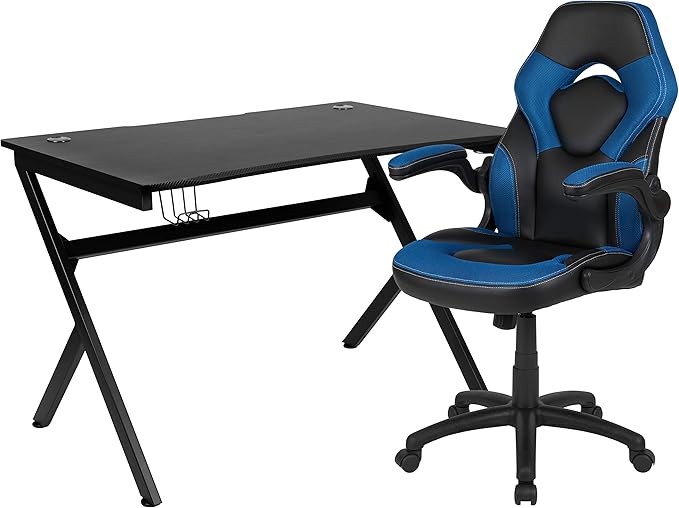 Flash Furniture Optis Black Gaming Desk and Blue and Black Racing Chair Set with Cup Holder, Headphone Hook & 2 Wire Management Holes