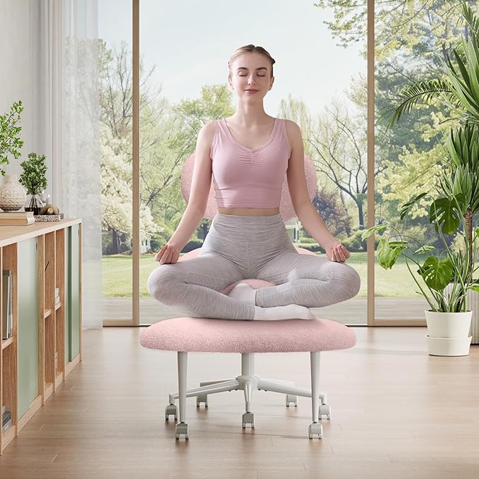 Pinmoco Ergonomic Cross Legged Office Chair with Wheels, ADHD Chair for Adults, Meditation Chair, Yoga Office Chair, Comfortable Back Support, Height Adjustable,Small Spaces, Teddy Fabric, Pink