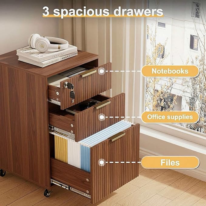 INNOD 3 Drawer Fluted Mobile File Cabinet with Lock, Rolling File Cabinet, Under Desk Wooden Filing Cabinets for Home Office (Walnut)