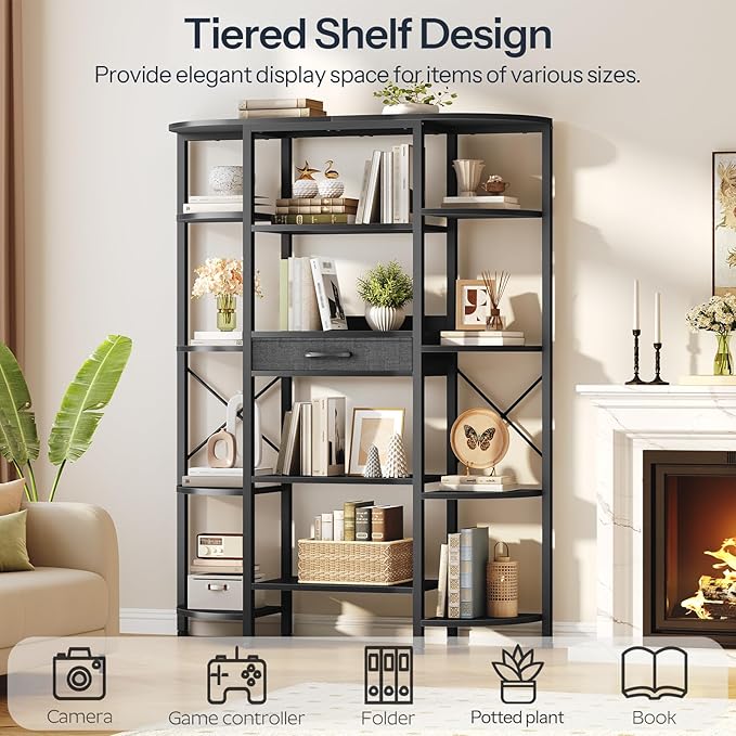 HOOBRO Triple Column 5 Tier Book Shelf, Industrial Bookcase with 12 Open Shelves and Fabric Drawer, Storage Rack, Display Shelf, Tall Bookshelf for Home Office, Living Room, Black BB161SJ01