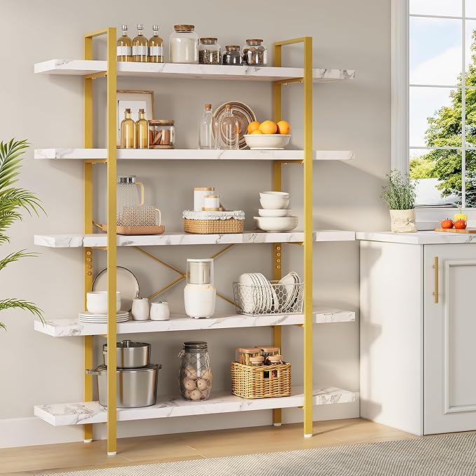 OtterOasis Heavy Duty 5-Tier Industrial Bookcase, 47" Wide Wood Bookshelf for Home Office, 120lbs Shelf Capacity, Shelving Display with Reinforced Horizontal Shelf for Living Room Bedroom,White