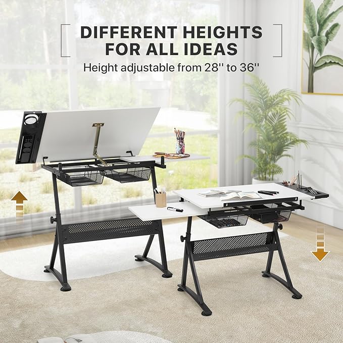 Athena Collection Drafting Table for Artists, Height Adjustable Drawing Table, Dual Desktop Art Desk Metal Frame Art Table Tiltable Craft Desk Paintings Work Station with Stool and Drawers, White