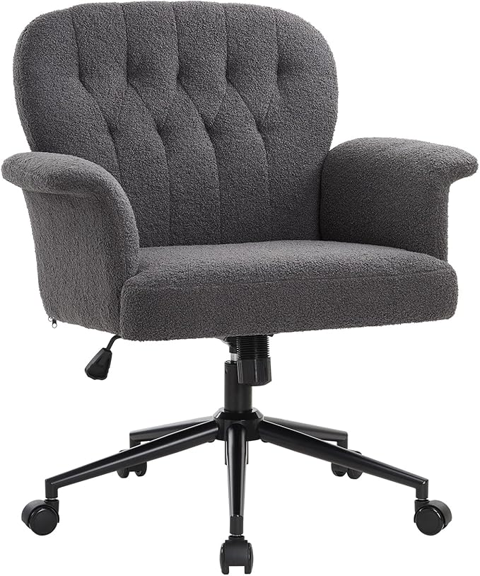 IWMH Home Office Desk Chair, Teddy Fabric Cozy Desk Chair with Wheels and Arms, Modern Upholstered High Back Wide Seat Vanity Chair for Bedroom Living Room Makeup (Dark Grey)