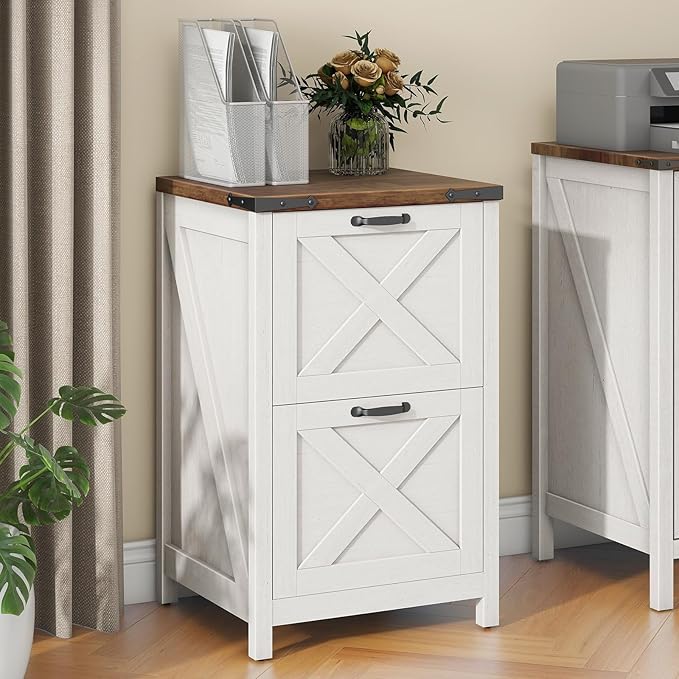 Vabches Vertical File Cabinet with 2 Drawers, Wooden Farmhouse Filing Cabinet for Letter/A4 Size Hanging Files, Under Desk Printer Stand with Storage for Home Office, Rustic White
