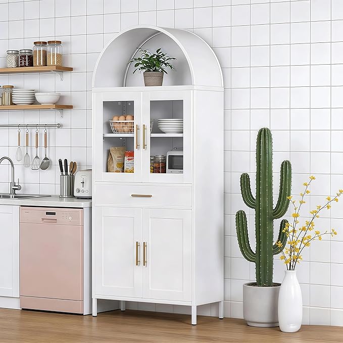 VEXPOR 73" Tall Arched Kitchen Pantry Cabinet with Doors, Metal Arched Hutch Cabinet with Drawer for Kitchen, Dining Room, Living Room, Assembly Required, White