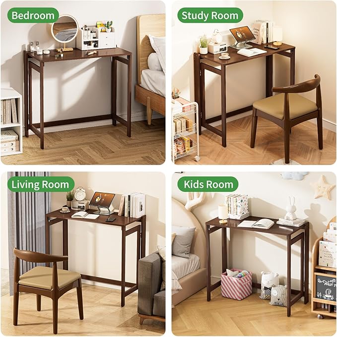 Bamboo Foldable Desk, Folding Desks for Small Spaces, 32.68 Inch Small Foldable Computer Table, Space Saving Sofa Table for Couch, Bedroom or Home Office, Brown