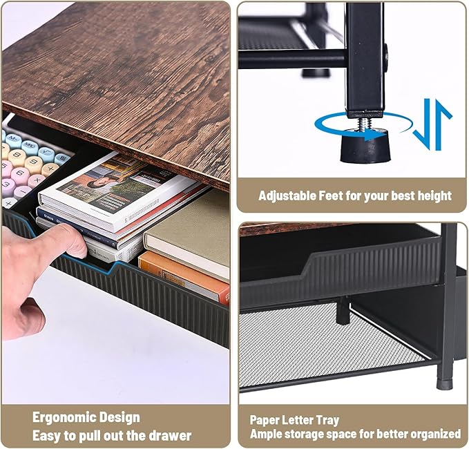 Printer Stand for Desk with Storage, Wood Metal Desk Organizer with Drawer and Pen Holder, Printer Table for Home Office, Multi-Purpose for Fax Machine, Scanner, Die-Cut Machine, Files (Brown)