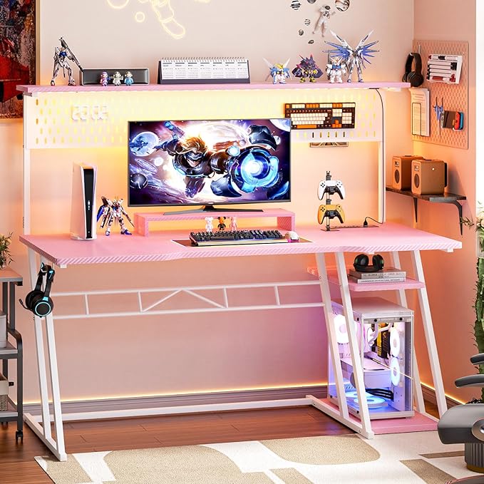 Armocity Pink Gaming Desk with Hutch and LED Lights, 53" Computer Desk with Storage Shelves, Reversible PC Gaming Desk with Pegboard, Gamer Desks for Bedroom, Carbon Fiber Surface