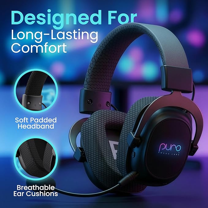 Puro Sound Labs Wireless Gaming Headset - Easy to Pair with 2.4GHz USB, Volume-Limited, Tri-Mode Connectivity, Detachable Mic, 32-Hour Battery, Wireless Headphones with mic for PC- PuroGamer-BT, Black