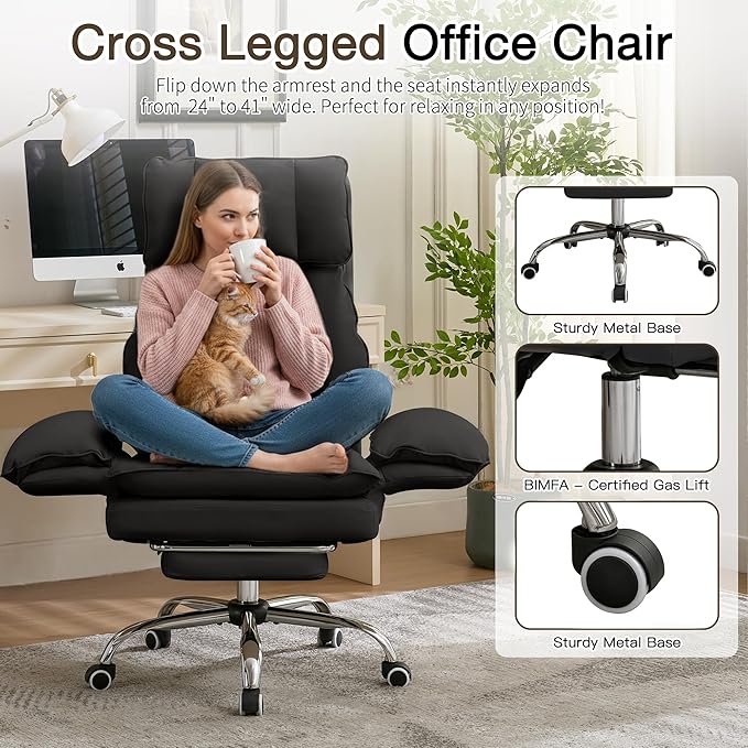 Ergonomic Cloud Cross Legged Office Chair with Footrest,Leather Big and Tall Executive Chair with Wheels,Reversible Armrest,155° Reclining Computer Wide Desk Chair for Home,Office (Black)