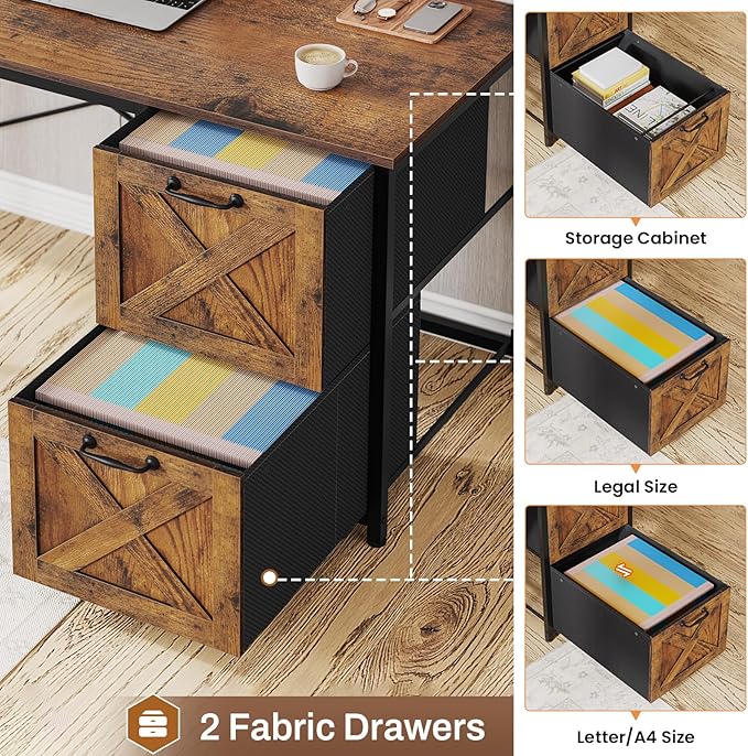 SEDETA L Shaped Desk with Drawers, 62.2" Home Office Desk with Fabric File Drawers and Power Outlet, L Shaped Desk with Hutch, Storage Shelves, LED Lights, Rustic Brown