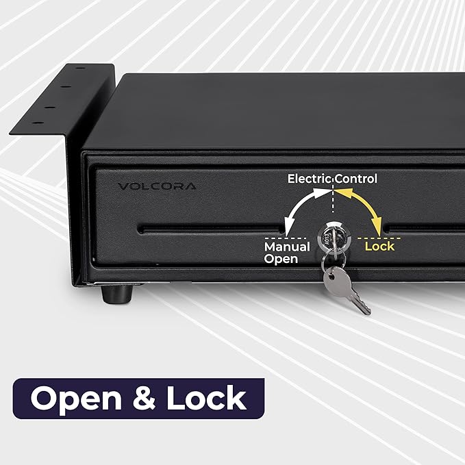 Volcora Cash Register Drawer with Under Counter Mounting Metal Bracket, 13" Black Cash Drawer for POS, 4 Bill 5 Coin Cash Tray, Fully Removable 2Tier Compartment 12-24V RJ11/RJ12 Key-Lock