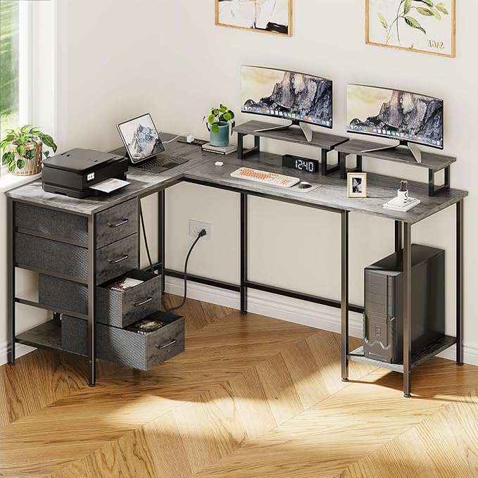 Korfile 59 inch L Shaped Computer Desk with Power Outlets, Home Office Desk with 4 Adjustable Storage Drawers & 2 Monitor Stands, Two Person Gaming Table for Bedroom, Grey
