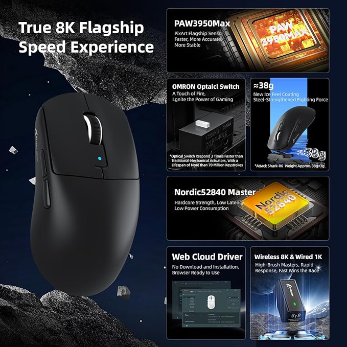 ATTACK SHARK R6 Wireless Gaming Mouse,38G Ultra-Lightweight Trip-Mode 2.4G/USB-C/Bluetooth Mouse Gaming with PAW3950MAX Sensor,42000 DPI,50G Accelerated Speed for PC/Laptop/Mac -Black&Tape