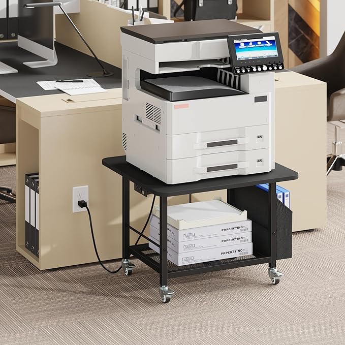 YAOHUOO 23.6"×23.6" Large Priner Stand with Power Outlet, Printer Table with Storage Side Pocket, Heavy Duty Rolling Cart for Home Office 3D Printer/Laser/Heat Press Table, Black