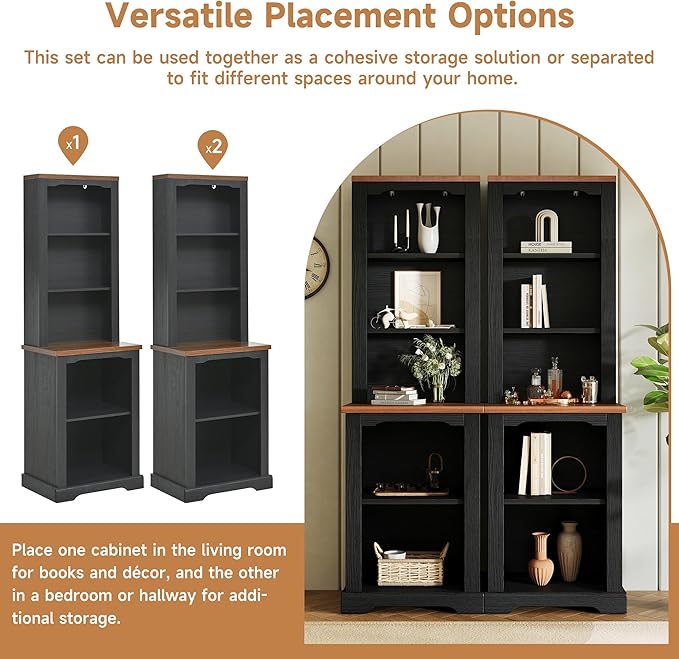 ON-Trend Two-Piece Elegant Freestanding Tall Cabinet with Fully Open Storage, Walnut Element Bookshelves with Curved Design, Stylish Display Bookcase with Anti-Tip Device for Living Room, Black Refi