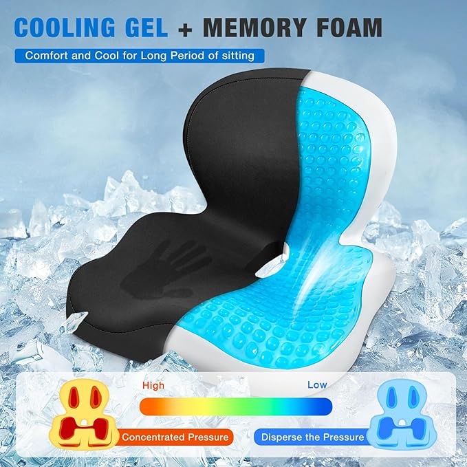 Seat Cushion with Back Support,Lumbar Support Pillow for Office Chair, Cooling Gel & Memory Foam Car Seat Cushion,Ergonomic Sciatica Pain Relief for Long Sitting,Gel Cushion for Car,Desk,Chairs