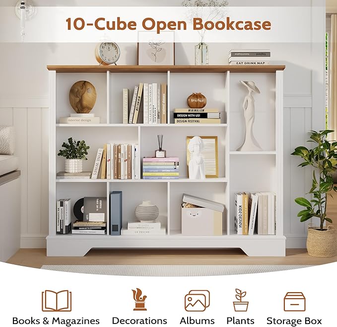 10-Cube Storage Organizer Bookshelf, 4-Tier Wooden Bookcase with Adjustable Shelf, Sturdy Cube Storage Shelf for Small Spaces, Modern Low Profile Shelving Unit for Living Room & Bedroom