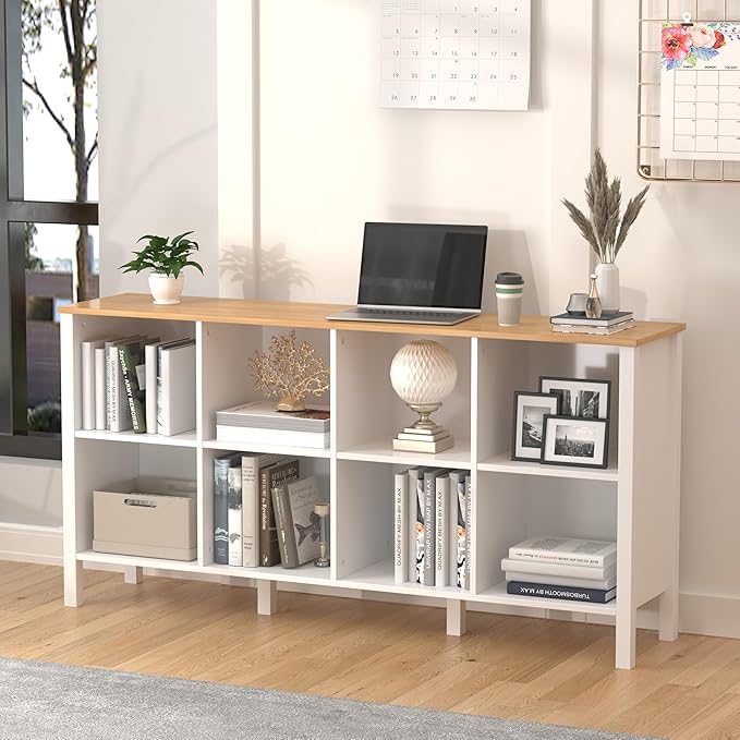 8-Cube Bookcase, Farmhouse Wooden Bookshelf Low Storage Organizer, 59" Horizontal White Console with Legs, Hallway Book Case for Entryway, Display Cabinet for Living Room (White, 8-Cube)